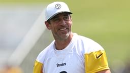 Jul 24, 2025; Latrobe, PA, USA; Pittsburgh Steelers quarterback Aaron Rodgers (8) participates in drills during training camp at Saint Vincent College.
