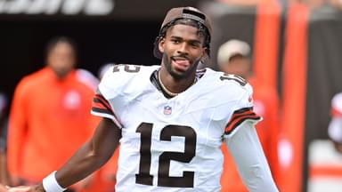 Cleveland Browns quarterback Shedeur Sanders (12) enters the field before the game between the Browns and the Los Angeles Rams at Huntington Bank Field.