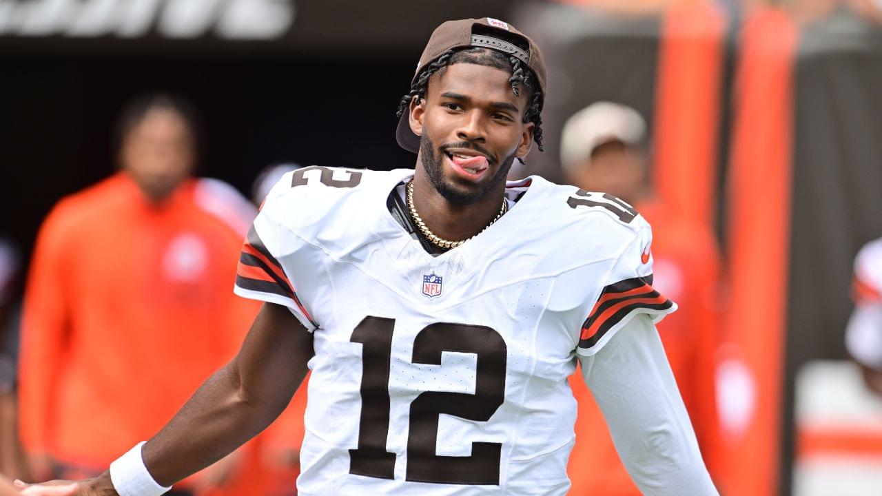 Cleveland Browns quarterback Shedeur Sanders (12) enters the field before the game between the Browns and the Los Angeles Rams at Huntington Bank Field.