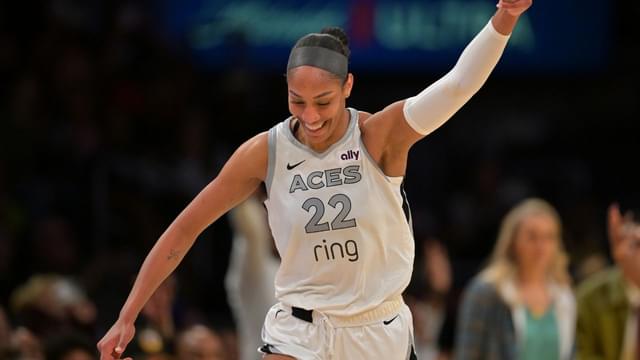 ; Las Vegas Aces center A'ja Wilson (22) celebrates after a 3 pointer during the second half against the Los Angeles Sparks at Crypto.com Arena.