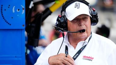 Rick Hendrick of Hendrick Motorsports watches from Kyle Larson's pit Sunday, July 27, 2025, during the Brickyard 400 at Indianapolis Motor Speedway.