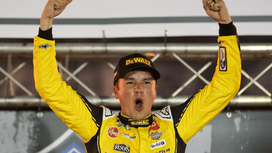 Sep 13, 2025; Bristol, Tennessee, USA; NASCAR Cup Series driver Christopher Bell (20) wins the Bass Pro Shops Night Race at Bristol Motor Speedway. Mandatory Credit: Randy Sartin-Imagn Images