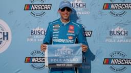 NASCAR Cup Series driver Denny Hamlin (11) poses for a photo after winning the pole award after practice and qualifying for the Enjoy Illinois 300 at World Wide Technology Raceway.
