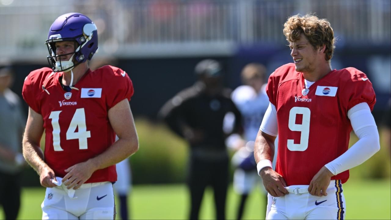 Minnesota Vikings quarterback J.J. McCarthy (9) and quarterback Sam Darnold (14) warm up during practice at Vikings training camp in Eagan, MN.