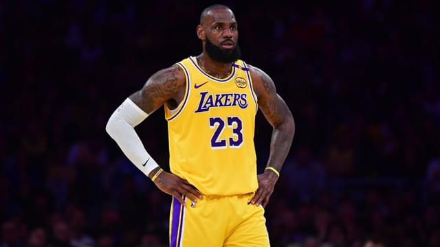 Los Angeles Lakers forward LeBron James (23) reacts during the first half in game five of first round for the 2025 NBA Playoffs at Crypto.com Arena.