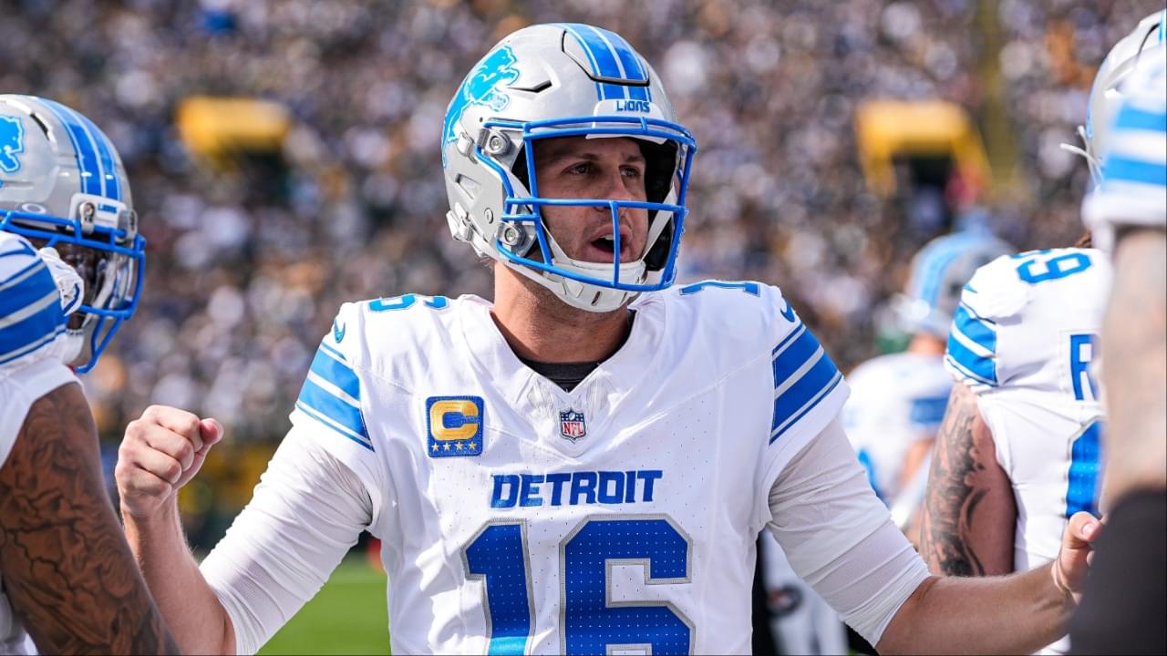 Detroit Lions quarterback Jared Goff (16) cheers up teammates on the sideline before a first down against Green Bay Packers during the first half at Lambeau Field in Green Bay, Wis., on Sunday, September 7, 2025.