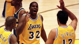 Earvin Magic Johnson (Mitte) und Vlade Divac (beide Los Angeles Lakers)