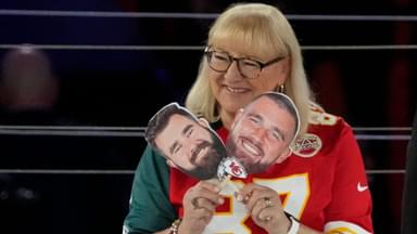 Donna Kelce answers questions about her sons Philadelphia Eagles center Jason Kelce (62), left, and Kansas City Chiefs tight end Travis Kelce (87) at the Footprint Center in downtown Phoenix during Super Bowl Opening Night on Feb. 6, 2023. Nfl Super Bowl Lvii Opening Night Kansas City Chiefs