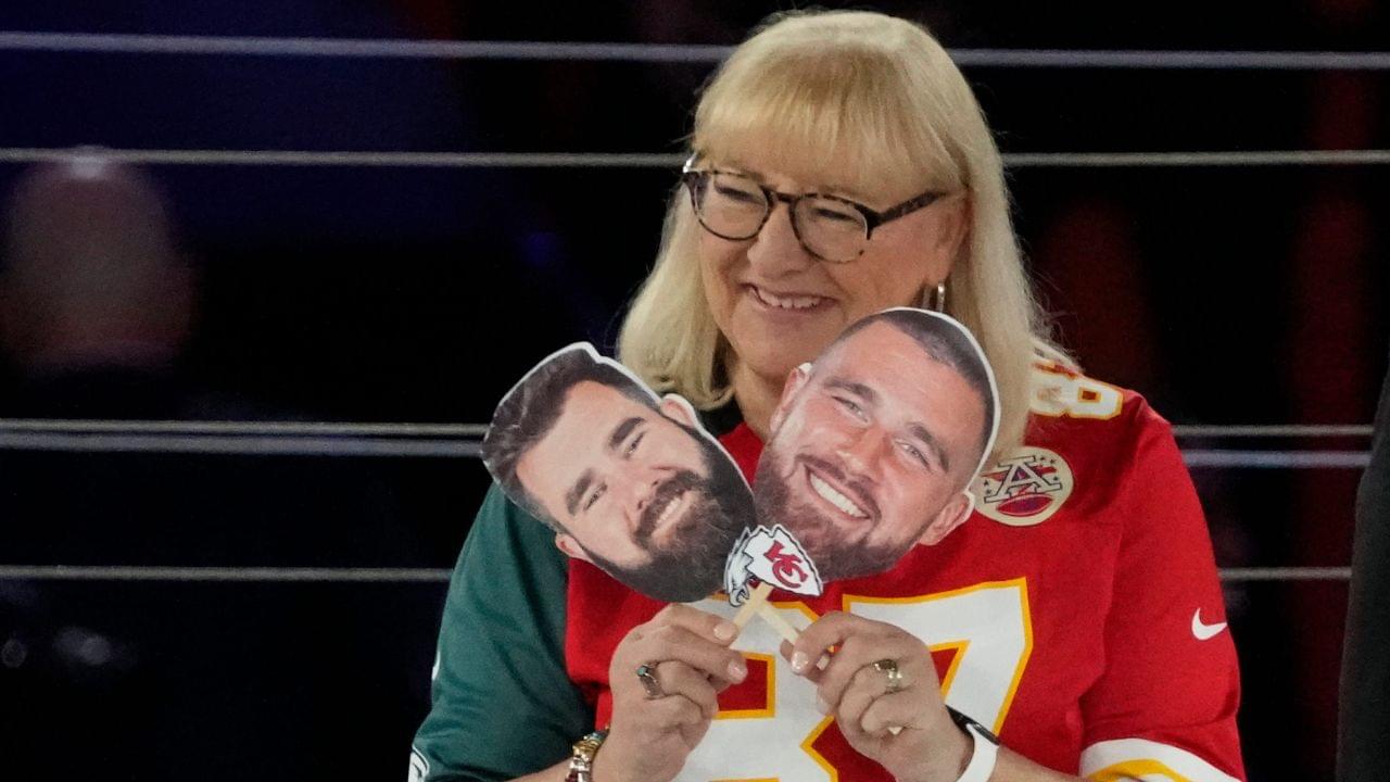 Donna Kelce answers questions about her sons Philadelphia Eagles center Jason Kelce (62), left, and Kansas City Chiefs tight end Travis Kelce (87) at the Footprint Center in downtown Phoenix during Super Bowl Opening Night on Feb. 6, 2023. Nfl Super Bowl Lvii Opening Night Kansas City Chiefs