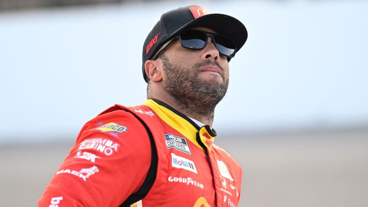 NASCAR Cup Series driver Bubba Wallace (23) looks on during practice and qualifying for the Enjoy Illinois 300 at World Wide Technology Raceway.