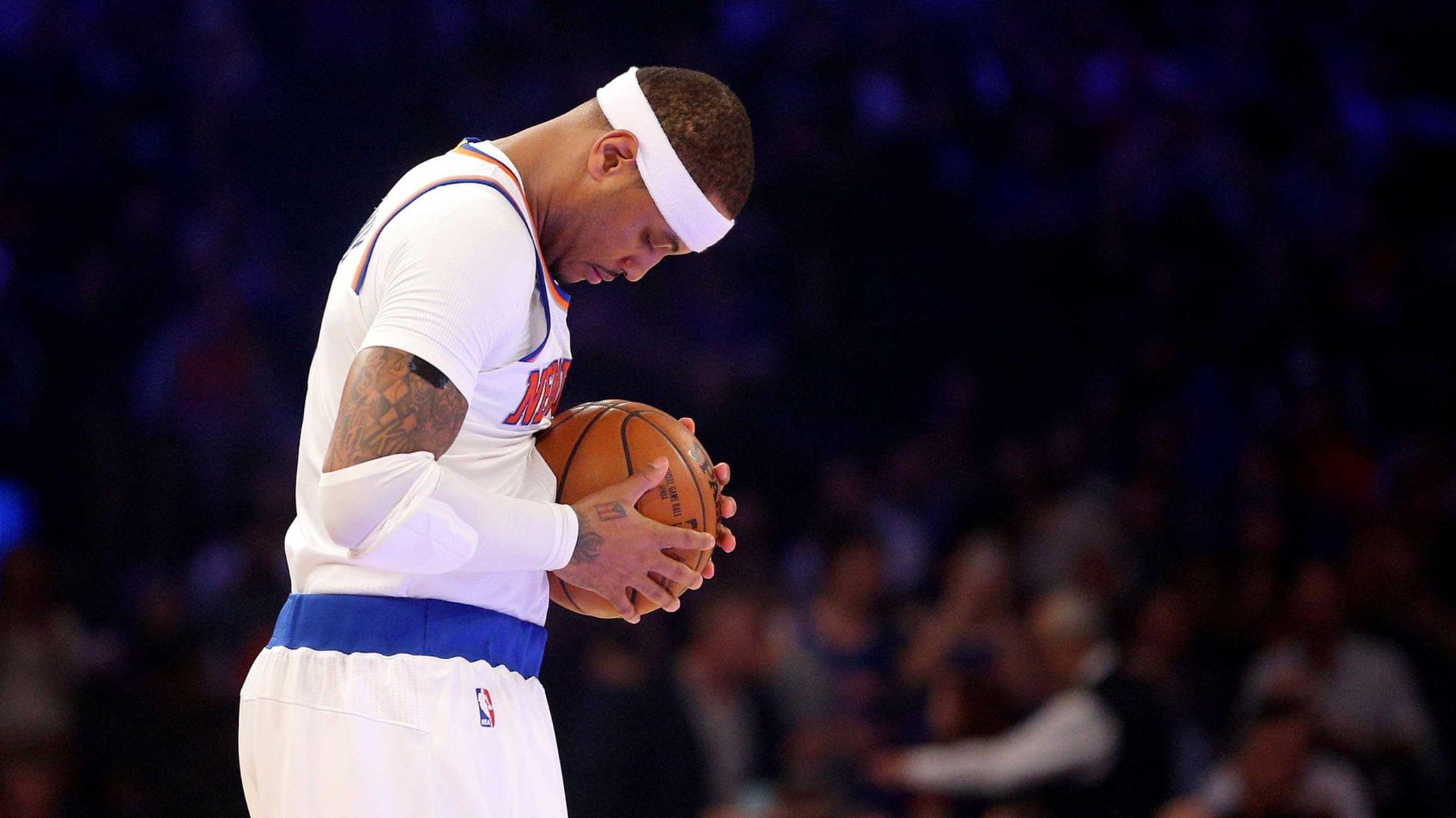 Dec 22, 2016; New York, NY, USA; New York Knicks small forward Carmelo Anthony (7) holds the ball before the start of a game against the Orlando Magic at Madison Square Garden.