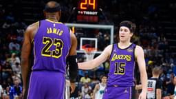 Mar 29, 2025; Memphis, Tennessee, USA; Los Angeles Lakers guard Austin Reaves (15) reacts with forward LeBron James (23) during the second quarter against the Memphis Grizzlies at FedExForum