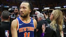 New York Knicks guard Jalen Brunson (11) reacts after game six of the eastern conference finals against the Indiana Pacers for the 2025 NBA Playoffs at Gainbridge Fieldhouse.
