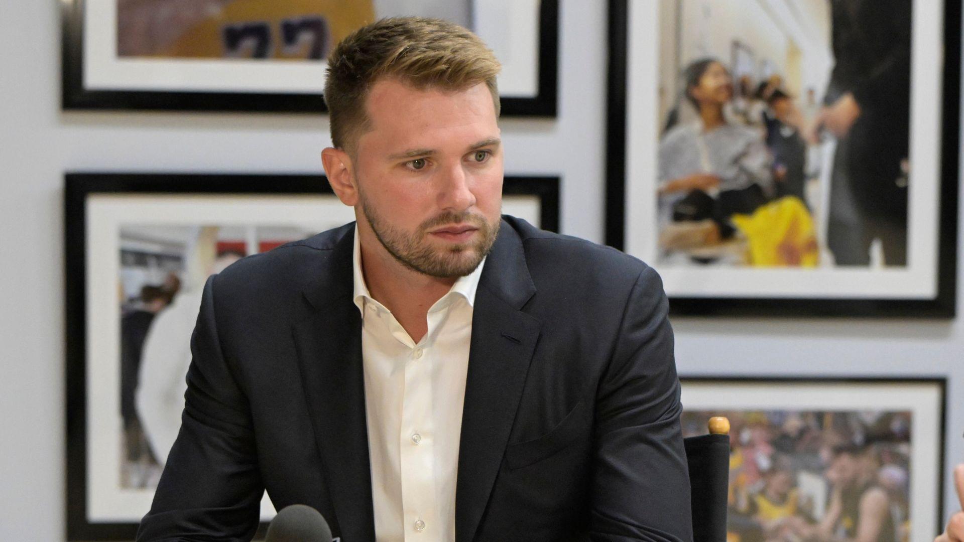Aug 2, 2025; El Segundo, CA, USA; Los Angeles Lakers Luka Doncic (77) is interviewed Spectrum SportsNet following a press conference announcing the signing of his contract extension at UCLA Health Training Center