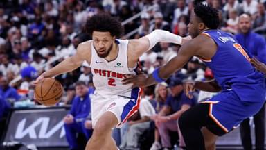 Detroit Pistons guard Cade Cunningham (2) dribbles defended by New York Knicks forward OG Anunoby (8) in the second half during game six of first round for the 2024 NBA Playoffs at Little Caesars Arena.