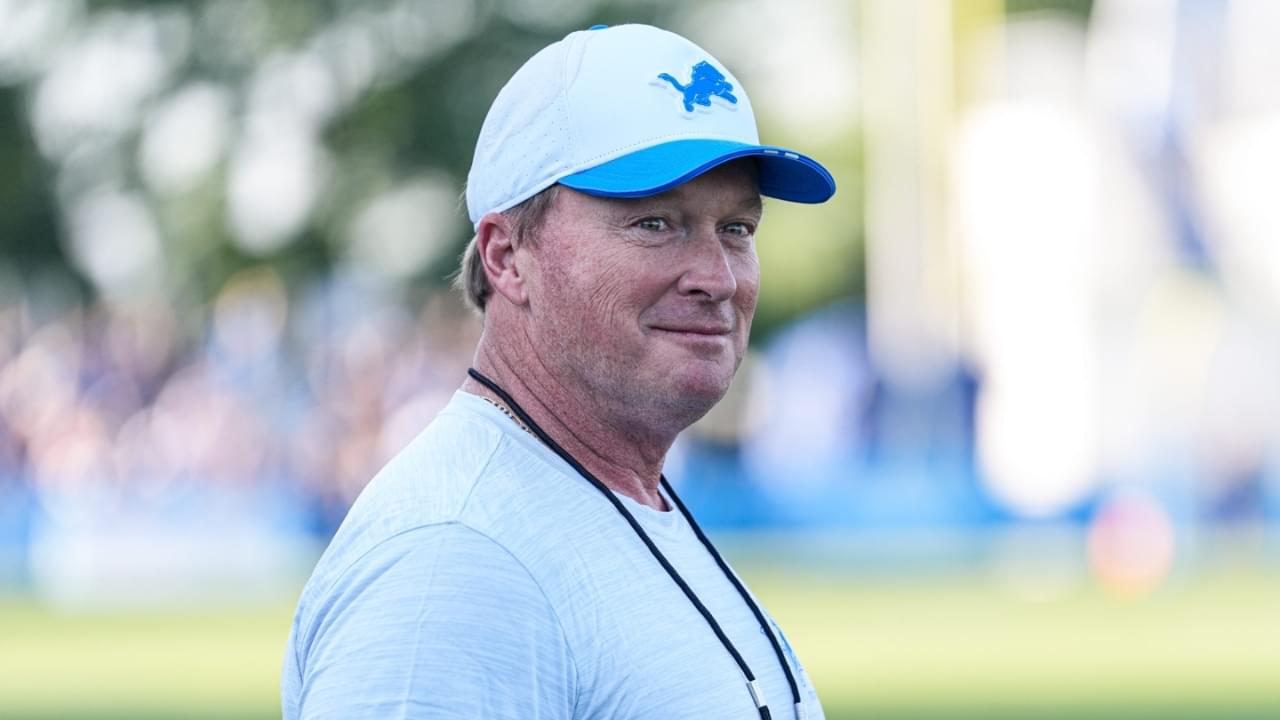 Jon Gruden watches practice during training camp at Meijer Performance Center in Allen Park on Monday, July 28, 2025.