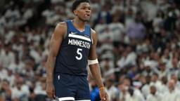 May 26, 2025; Minneapolis, Minnesota, USA;Minnesota Timberwolves guard Anthony Edwards (5) reacts against the Oklahoma City Thunder in the first half during game four of the western conference finals for the 2025 NBA Playoffs at Target Center.