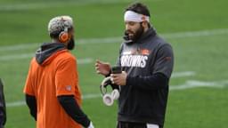 Cleveland Browns wide receiver Odell Beckham Jr. (left) and quarterback Baker Mayfield (right) talk on the field before playing the Pittsburgh Steelers at Heinz Field.