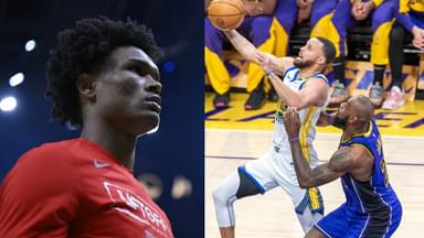 Amen Thompson (L), Stephen Curry and LeBron James (R)