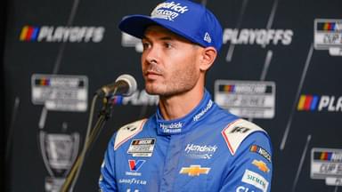 Kyle Larson answers questions from the media during NASCAR Cup Series Playoff Media Day at Charlotte Convention Center.