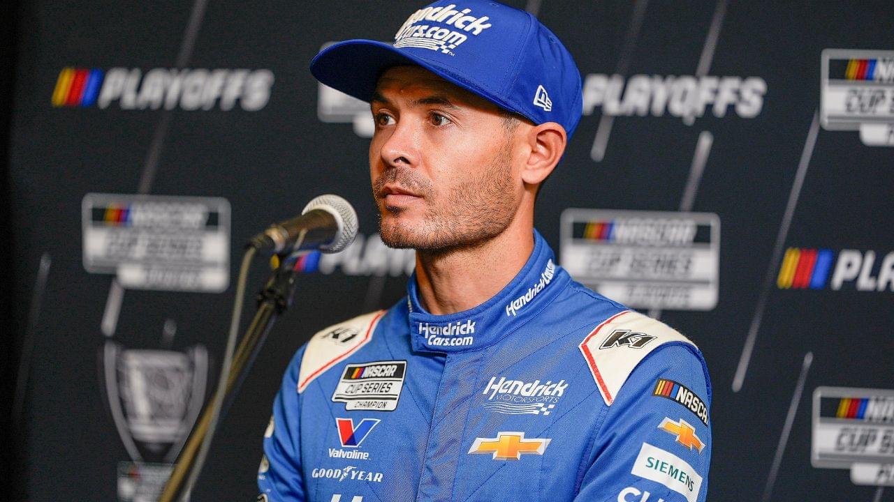 Kyle Larson answers questions from the media during NASCAR Cup Series Playoff Media Day at Charlotte Convention Center.