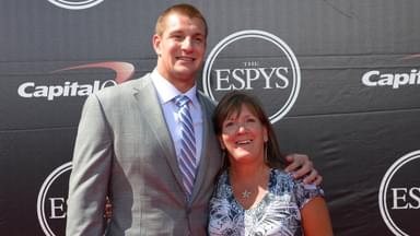 Rob Gronkowski and mom Robin arrive for the 2015 ESPY's award show at Nokia Theater.