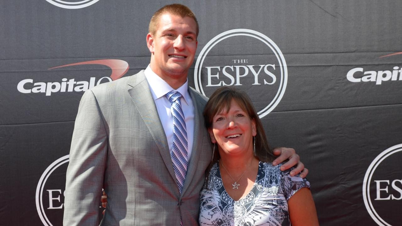 Rob Gronkowski and mom Robin arrive for the 2015 ESPY's award show at Nokia Theater.