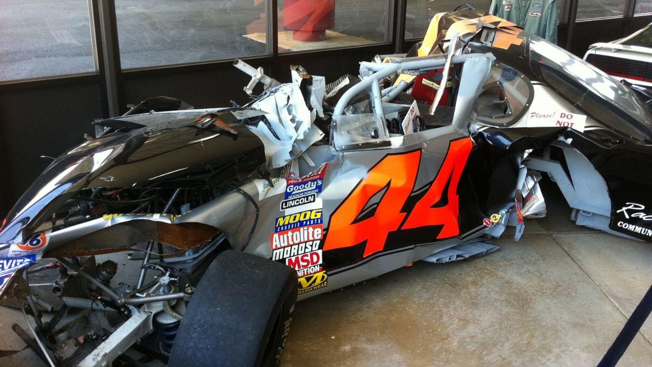 The car which Mike Harmon destroyed during practice at the Bristol Motor Speedway for the 2002 Food City 250 in the then known NASCAR Busch series.