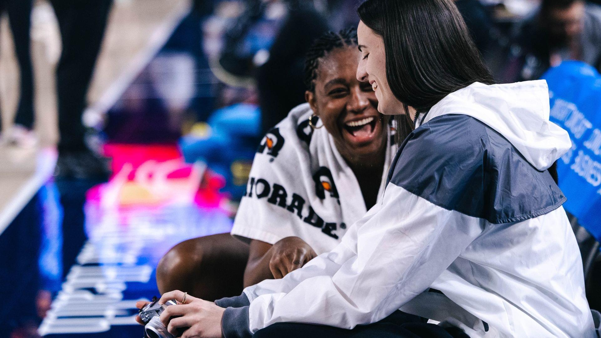 May 28, 2025; Washington, District of Columbia, USA; Indiana Fever forward Aliyah Boston (7) laughs with Indiana Fever guard Caitlin Clark (22) before the game against the Washington Mystics at Entertainment & Sports Arena