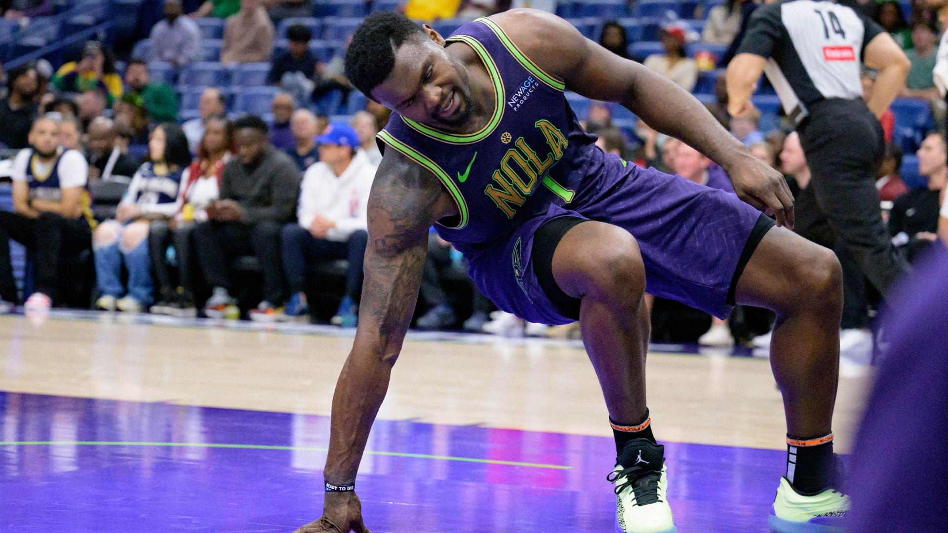Mar 17, 2025; New Orleans, Louisiana, USA; New Orleans Pelicans forward Zion Williamson (1) reacts after getting up from a missed dunk against the Detroit Pistons during the second half at Smoothie King Center