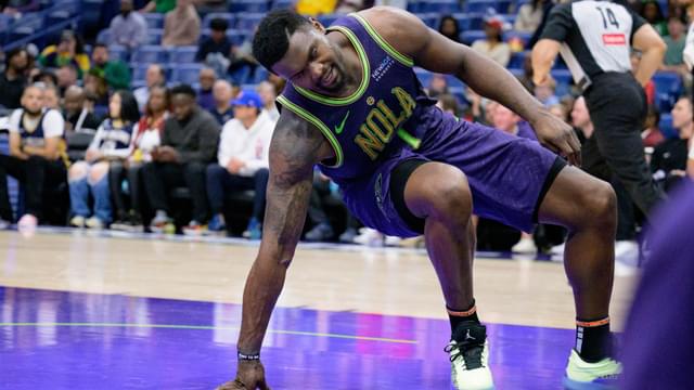 Mar 17, 2025; New Orleans, Louisiana, USA; New Orleans Pelicans forward Zion Williamson (1) reacts after getting up from a missed dunk against the Detroit Pistons during the second half at Smoothie King Center