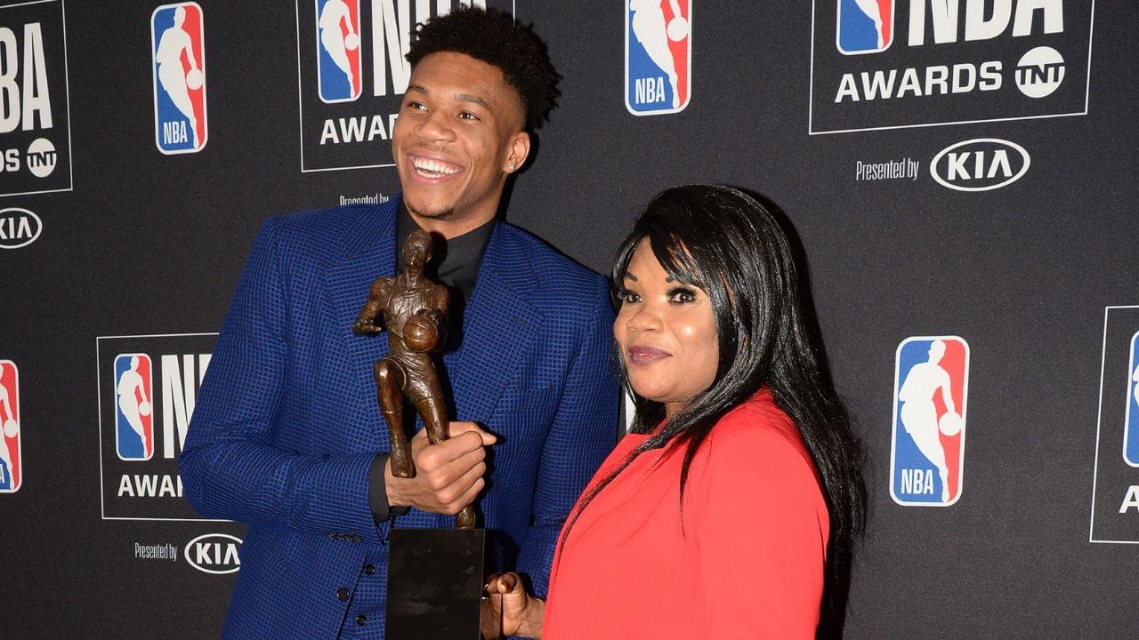 Milwaukee Bucks forward Giannis Antetokounmpo poses with his mother following his award of the NBA most valuable player at the 2019 NBA Awards show at Barker Hanger.