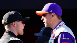 Feb 19, 2024; Daytona Beach, Florida, USA; NASCAR Cup Series driver Denny Hamlin (11) and driver Ty Gibbs (54) talk during driver introductions before the Daytona 500 at Daytona International Speedway. Mandatory Credit: John David Mercer-Imagn Images