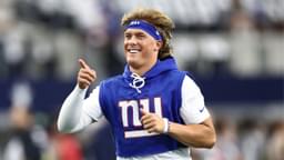 New York Giants quarterback Jaxson Dart (6) warms up before the game against the Dallas Cowboys at AT&T Stadium.