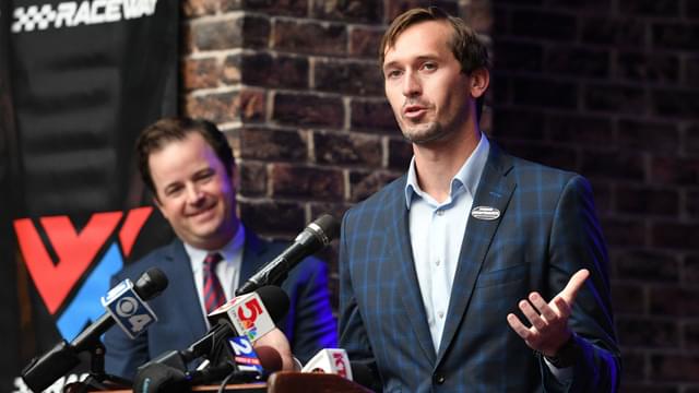 ST LOUIS, MO - SEPTEMBER 15: NASCAR, Motorsport, USA Vice President Ben Kennedy addresses the crowd during the press conference