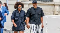 Russel Westbrook and his wife Nina Exiting the Mens Spring Summer 2023 Louis Vuitton fashion show at cour Carrée du Louvre in Paris, France