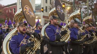 Baltimore’s Marching Ravens band in the 2024 Alsatia Club Mummers Parade.