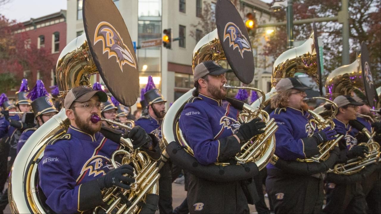 Baltimore’s Marching Ravens band in the 2024 Alsatia Club Mummers Parade.