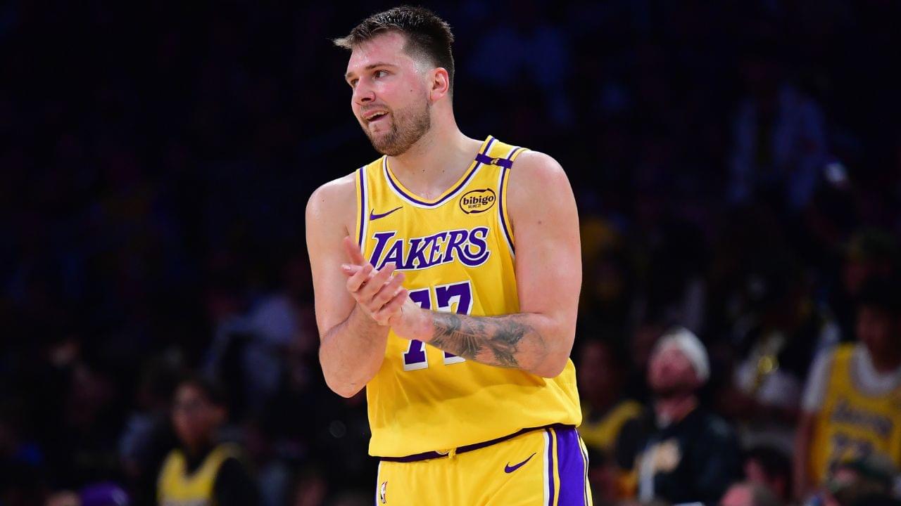 Los Angeles Lakers guard Luka Doncic (77) reacts during the second half in game five of first round for the 2025 NBA Playoffs at Crypto.com Arena.
