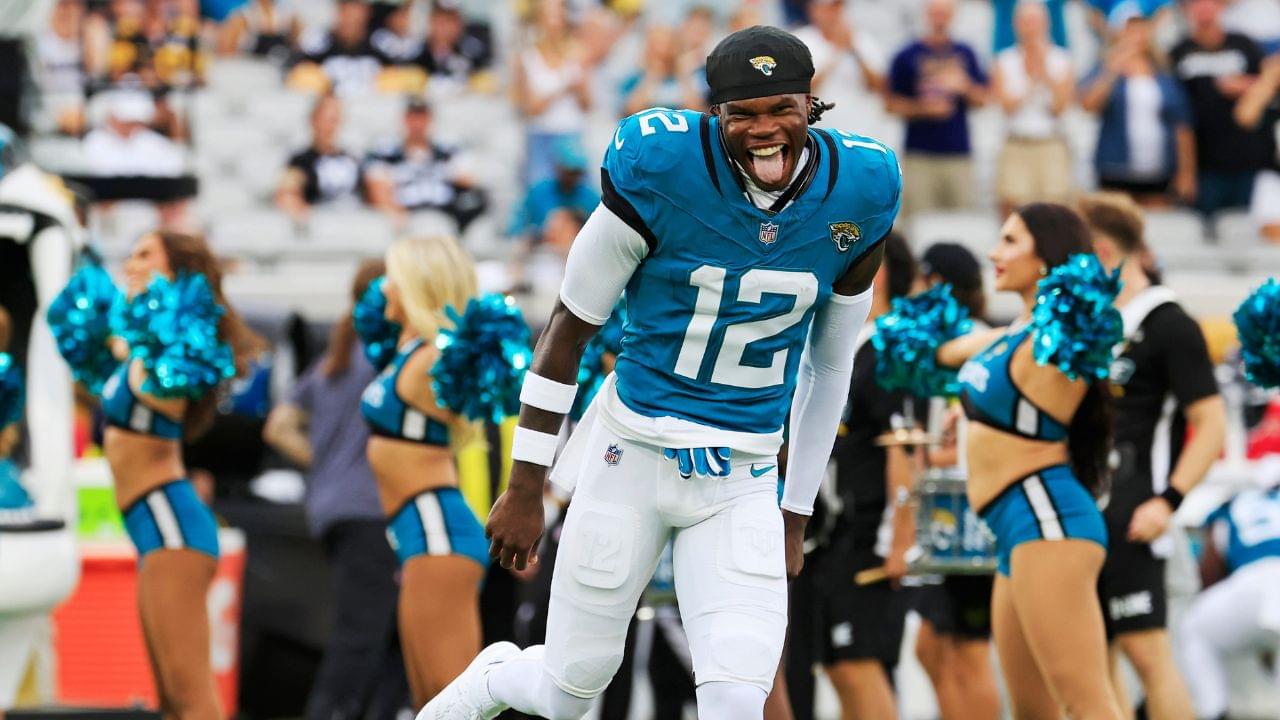 Jacksonville Jaguars wide receiver Travis Hunter (12) runs on the field before an NFL preseason matchup against the Pittsburgh Steelers.