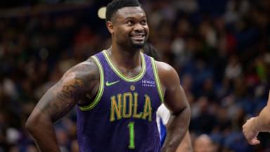 Mar 17, 2025; New Orleans, Louisiana, USA; New Orleans Pelicans forward Zion Williamson (1) reacts during the first half against the Detroit Pistons at Smoothie King Center.