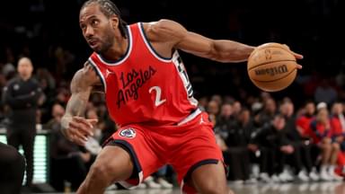 Mar 28, 2025; Brooklyn, New York, USA; Los Angeles Clippers forward Kawhi Leonard (2) drives to the basket against the Brooklyn Nets during the first quarter at Barclays Center.