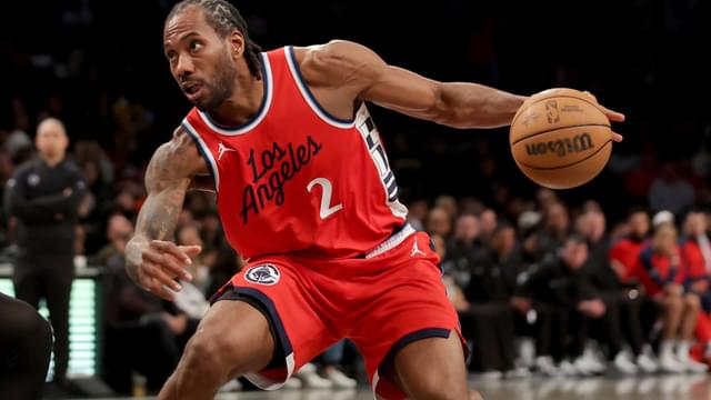 Mar 28, 2025; Brooklyn, New York, USA; Los Angeles Clippers forward Kawhi Leonard (2) drives to the basket against the Brooklyn Nets during the first quarter at Barclays Center.