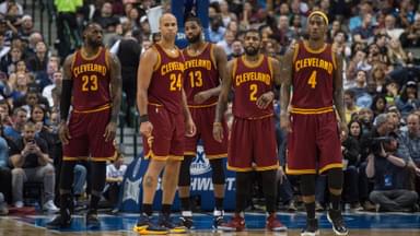 Jan 30, 2017; Dallas, TX, USA; Cleveland Cavaliers forward LeBron James (23) and forward Richard Jefferson (24) and center Tristan Thompson (13) and guard Kyrie Irving (2) and guard Iman Shumpert (4)
