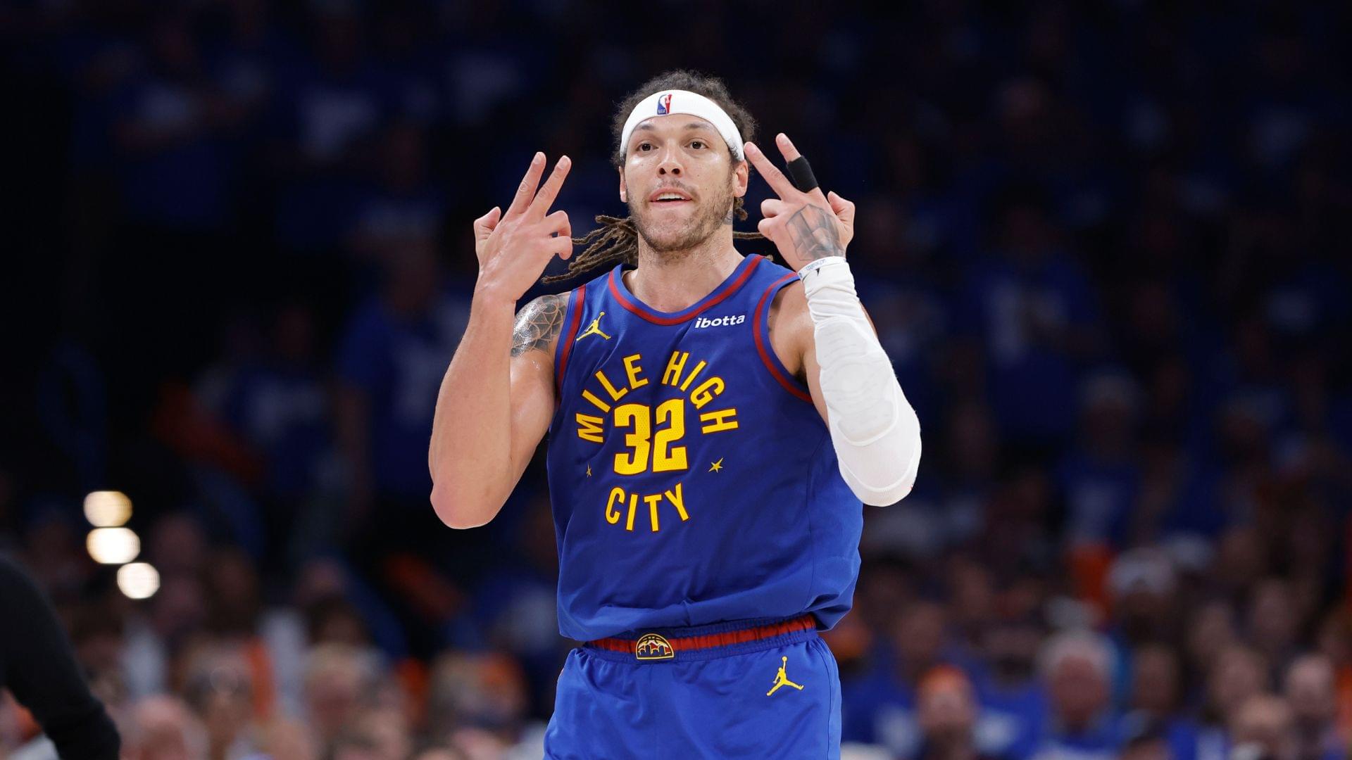 May 13, 2025; Oklahoma City, Oklahoma, USA; Denver Nuggets forward Aaron Gordon (32) gestures after scoring against the Oklahoma City Thunder during the second half of game five of the second round for the 2025 NBA Playoffs at Paycom Center.