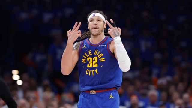 May 13, 2025; Oklahoma City, Oklahoma, USA; Denver Nuggets forward Aaron Gordon (32) gestures after scoring against the Oklahoma City Thunder during the second half of game five of the second round for the 2025 NBA Playoffs at Paycom Center.