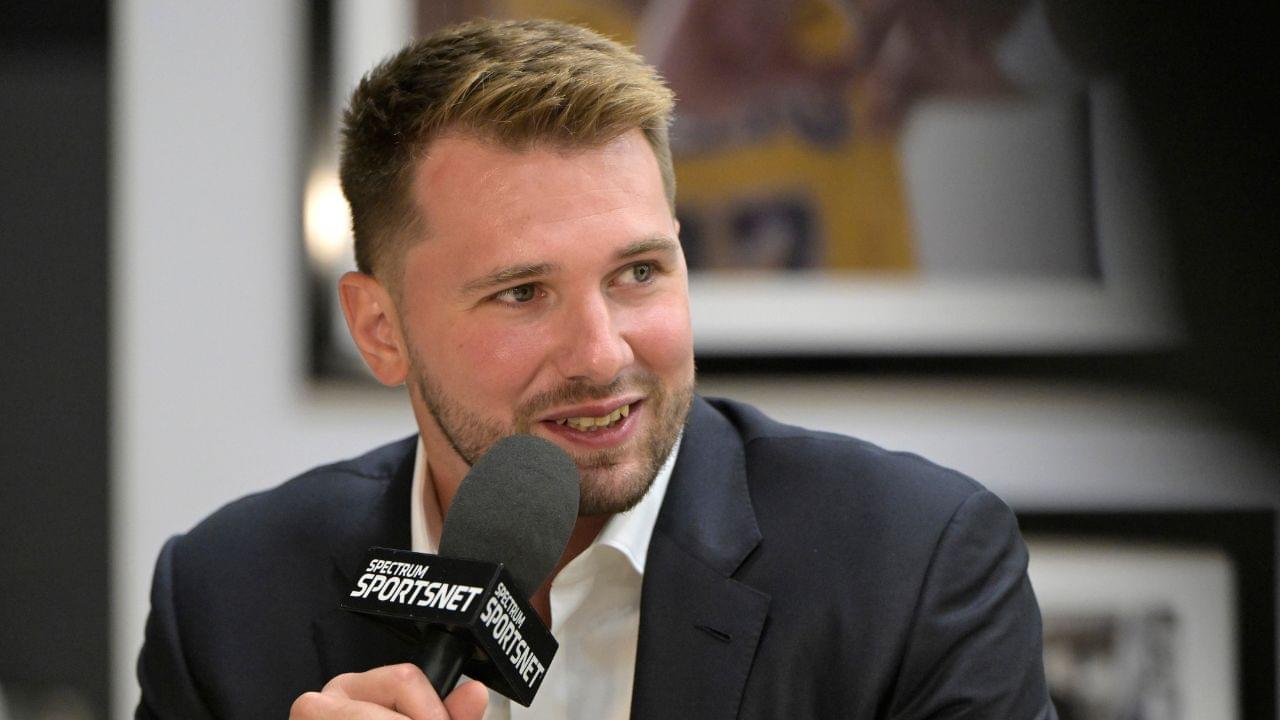 Los Angeles Lakers Luka Doncic (77) is interviewed Spectrum SportsNet following a press conference announcing the signing of his contract extension at UCLA Health Training Center.