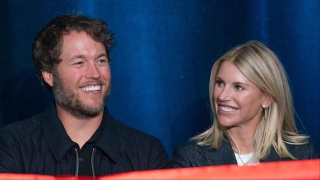 Mathew and Kelly Stafford share a laugh during speeches for the ribbon cutting of the Kelly and Matthew Stafford and Friends Education Center at the S.A.Y Detroit Play Center in Detroit on Monday, April 1, 2024.
