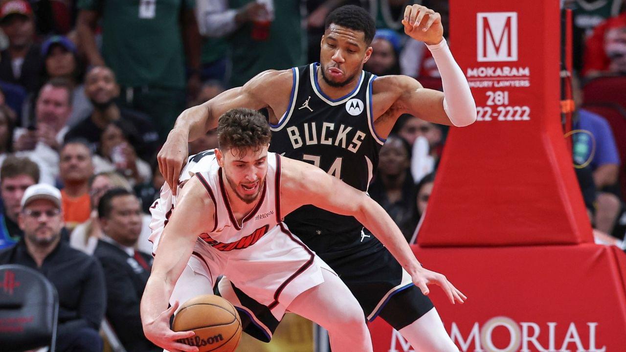 Milwaukee Bucks forward Giannis Antetokounmpo (34) defends against Houston Rockets center Alperen Sengun (28) during the fourth quarter at Toyota Center.