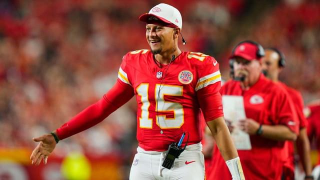 Kansas City Chiefs quarterback Patrick Mahomes (15) reacts after a touchdown during the second half against the Chicago Bears at GEHA Field at Arrowhead Stadium.